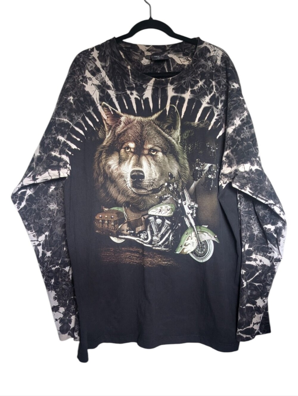 XXL • Jay's Rock • Black Tie-dye Wolf & Motorcycle Graphic Long Sleeve Shirt